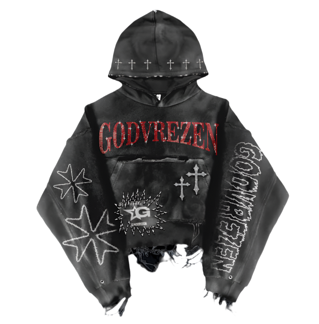 GODVREZEN Distressed Stone-Embellished Charcoal Hoodie