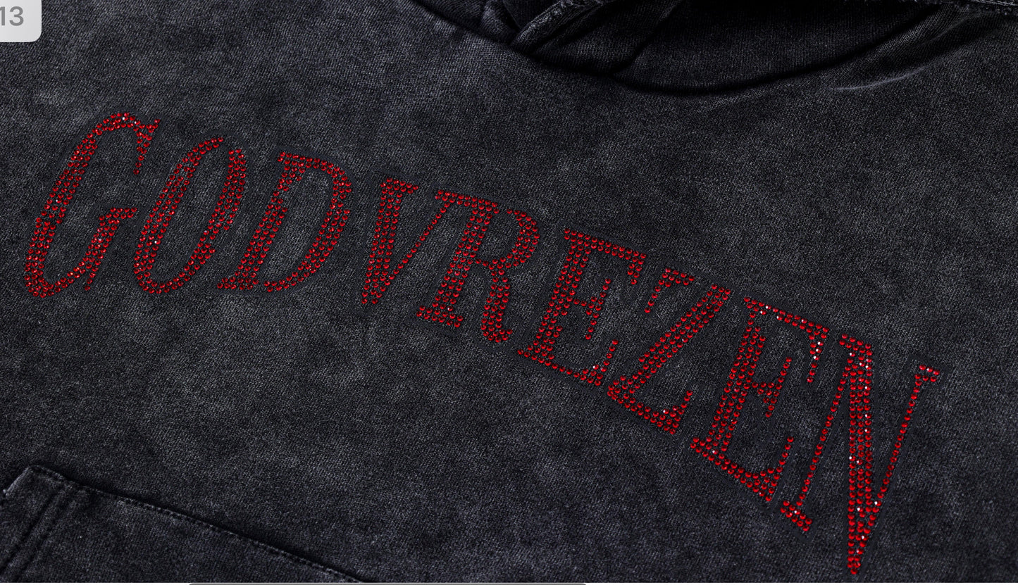 GODVREZEN Distressed Stone-Embellished Charcoal Hoodie